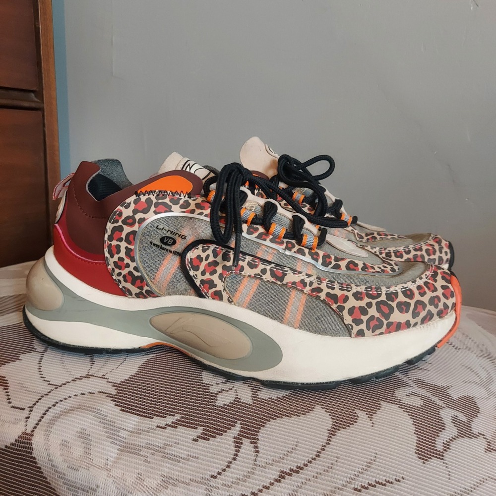 Li-Ning V8 Leopard Print Chunky Sneakers Orange Red Grey Womens 7.5 ARSQ004-2